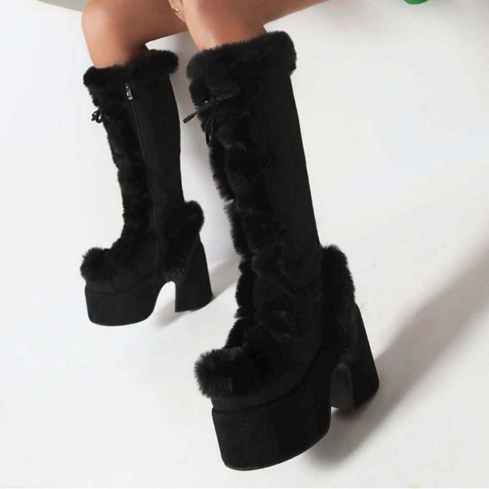 (T-4370) Platform Snow Boots for Women Furry Cozy Knee High Boots Sz 35 (4.5)
